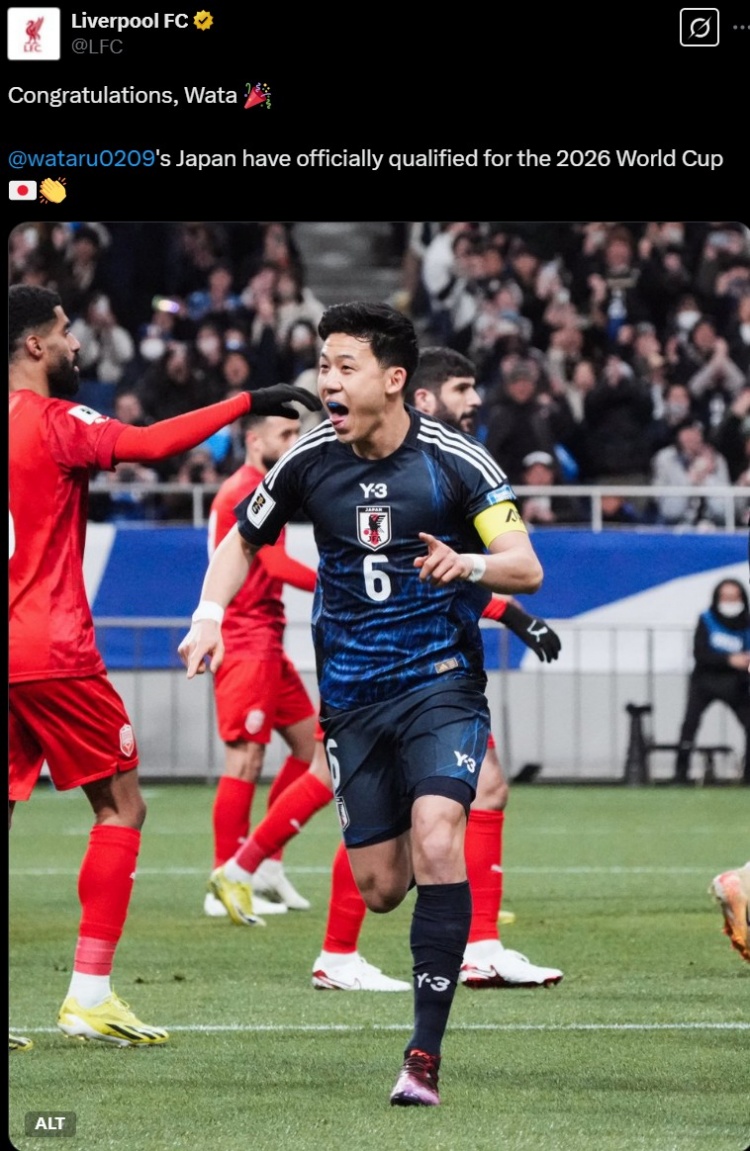  利物浦官推晒远藤航照片，祝贺其随日本队提前晋级世界杯